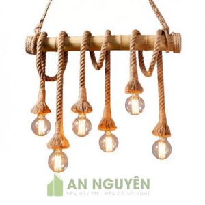 Đèn Thả: Bộ đèn thả bằng tre thả trần quấn dây thừng 6 đui đèn Vintage