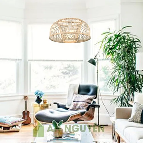 Đèn Mây Tre: Mẫu đèn mây tre tròn thả trần trang trí bàn ăn Phi 40 Cao 20 cm