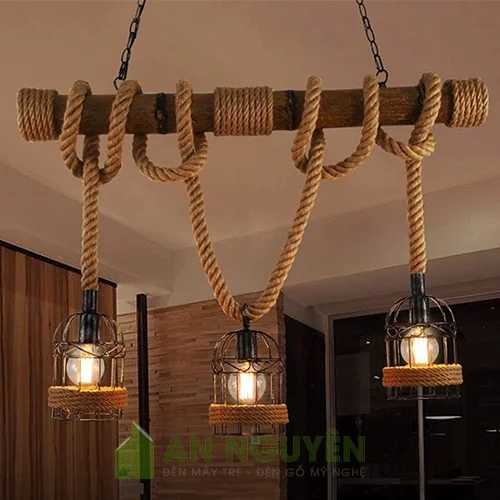 Đèn Mây Tre: Mẫu đèn cây tre quấn dây thừng thả 3 lồng sắt trang trí phòng cách cổ điển
