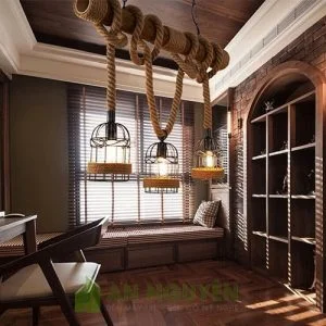 Đèn Mây Tre: Mẫu đèn cây tre quấn dây thừng thả 3 lồng sắt trang trí phòng cách cổ điển
