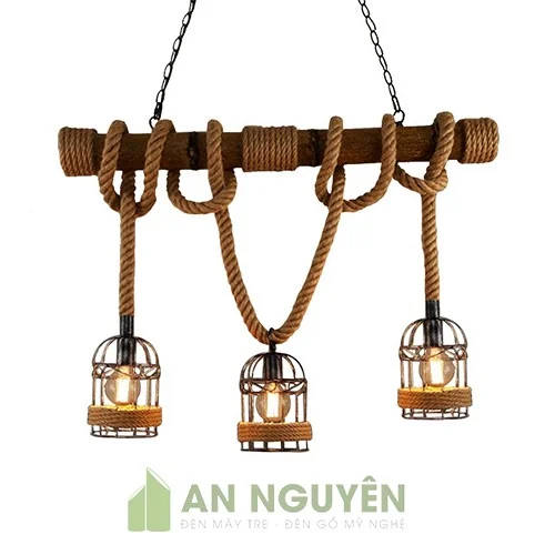 Đèn Mây Tre: Mẫu đèn cây tre quấn dây thừng thả 3 lồng sắt trang trí phòng cách cổ điển
