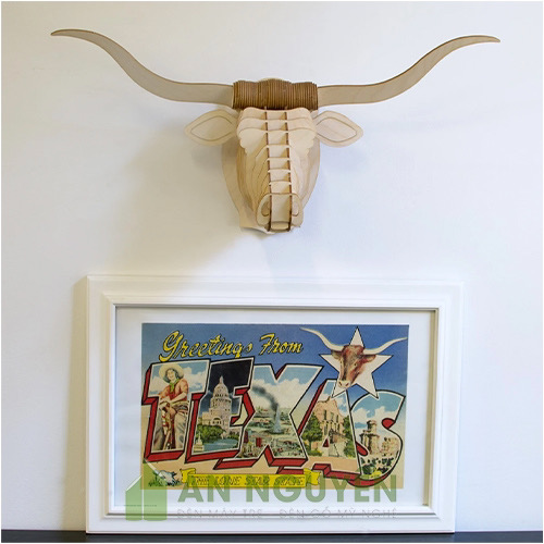 Đầu bò Texas sừng dài bằng gỗ trang trí phòng khách