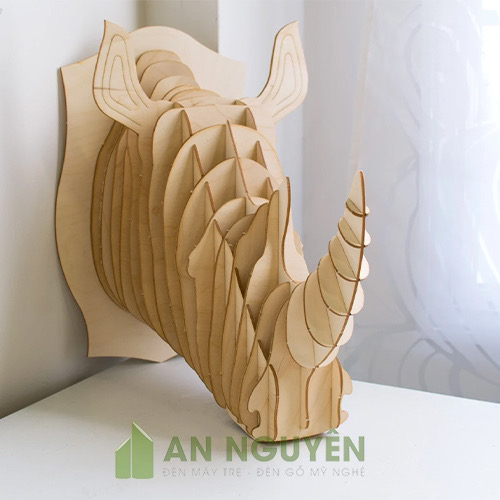 Đầu tê giác một sừng bằng gỗ trang trí phòng khách, phòng làm việc