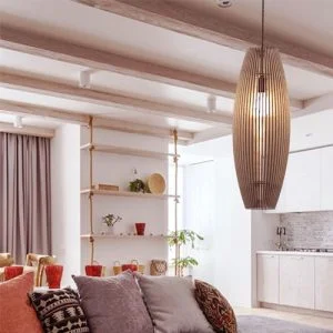 Đèn Gỗ thả trần hình tàu con thoi trang trí bàn sofa homestay
