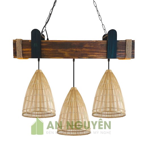 đèn hộp gỗ thả ba nơm tre