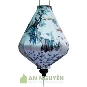 Đèn Vải: Mẫu đèn lồng Hội An thả trần kiểu kim cương vải 3D có hoa văn trang trí nhà hàng