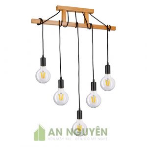 Đèn Gỗ: Bộ ốp đèn gỗ kiểu cách và 5 đui đèn thả đơn giản trang trí quán cafe