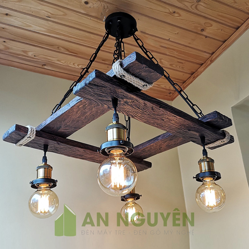 Đèn Gỗ: Mẫu chùm đèn gỗ trang trí quán cafe vintage