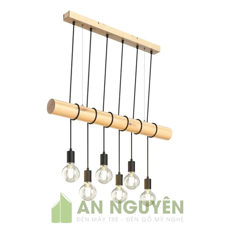Đèn Gỗ: Mẫu đèn 6 đây thả trần quấn khúc gỗ tròn trang trí quán cafe