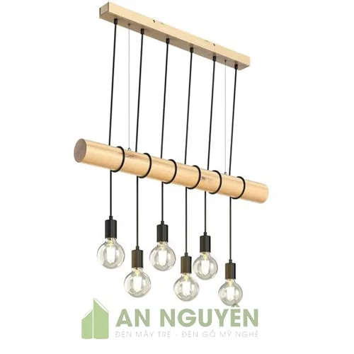 Đèn Gỗ: Mẫu đèn 6 đây thả trần quấn khúc gỗ tròn trang trí quán cafe