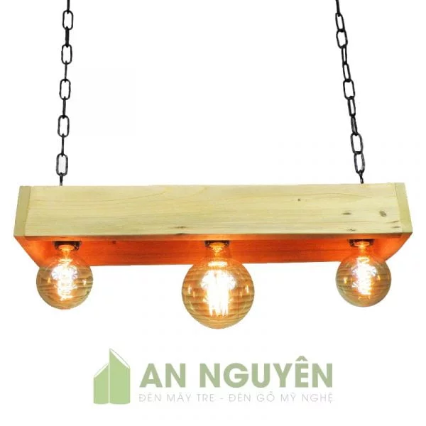 Đèn Gỗ: Mẫu đèn gỗ kiểu trang trí bàn ăn 3 bóng đèn Vintage