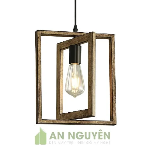 Đèn Gỗ: Mẫu đèn thả gỗ 2 hình chữ nhật lồng nhau trang trí quán trà