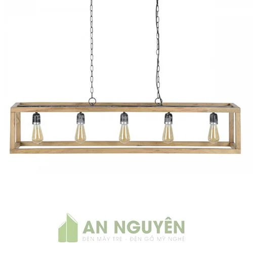 Đèn Gỗ: Mẫu đèn gỗ thả trần 5 bóng trang trí bàn ăn phong cách đơn giản