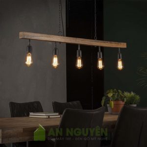 Đèn Gỗ: Hộp đèn gỗ quấn thừng thả trần 5 bóng trang trí bàn ăn, quầy bar quán cafe