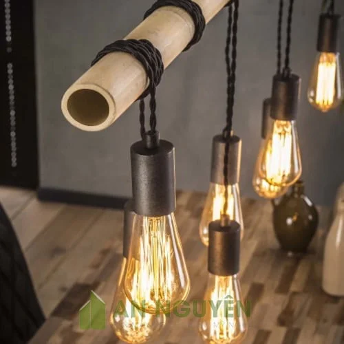 Đèn Mây Tre: Bộ 5 đây đèn trang trí thả trần quấn quanh khúc tre trang trí quán cafe