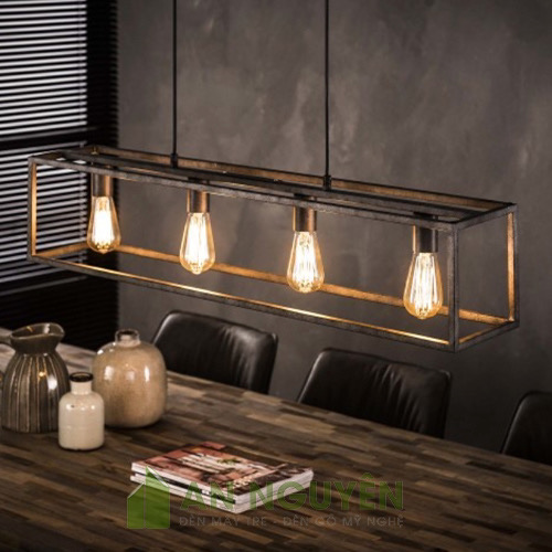 Đèn Gỗ: Mẫu đèn gỗ thả trần 4 bóng trang trí bàn ăn phong cách đơn giản
