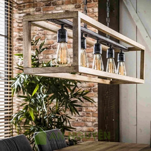 Đèn Gỗ: Mẫu đèn gỗ thả trần 5 bóng trang trí bàn ăn phong cách đơn giản
