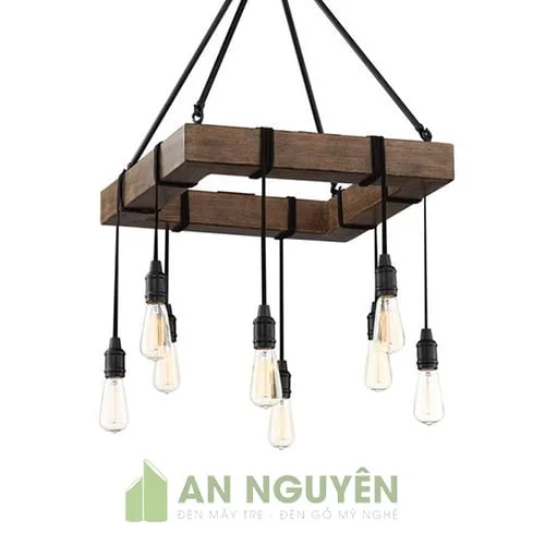 Đèn Gỗ: Mẫu đèn hộp gỗ vuông 8 bóng thả trần trang trí quán cafe, homstay