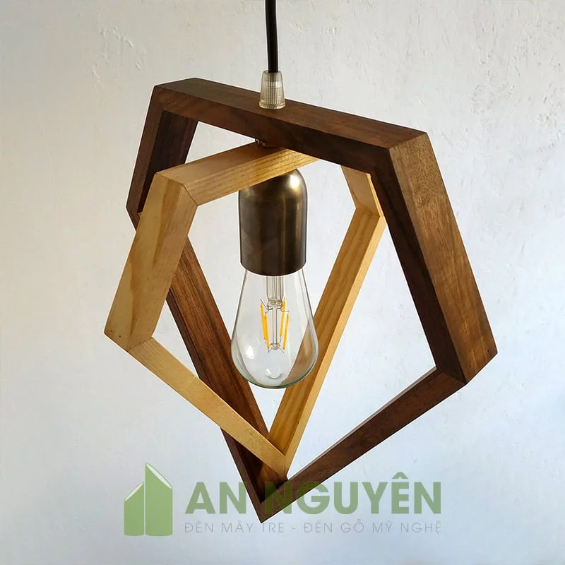 Đèn Gỗ: Mẫu đèn gỗ 2 hình kim cương thả trần trang trí quán trà sữa