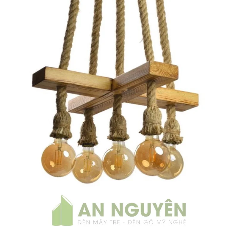 Đèn Gỗ: Mẫu đèn gỗ dây thừng chữ Thập thả trần trang trí quán cafe