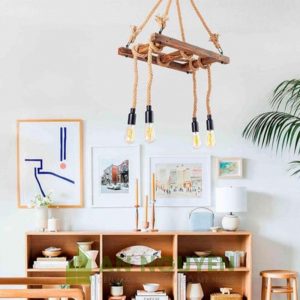 Đèn Gỗ: Mẫu đèn gỗ kiểu thang thả trần quấn dây thừng trang trí quán cafe