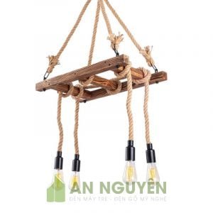 Đèn Gỗ: Mẫu đèn gỗ kiểu thang thả trần quấn dây thừng trang trí quán cafe