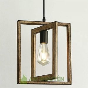 Đèn Gỗ: Mẫu đèn thả gỗ 2 hình chữ nhật lồng nhau trang trí quán trà