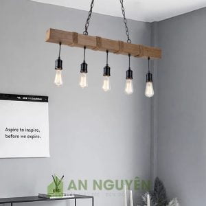 Đèn Gỗ: Hộp đèn gỗ quấn thừng thả trần 5 bóng trang trí bàn ăn, quầy bar quán cafe