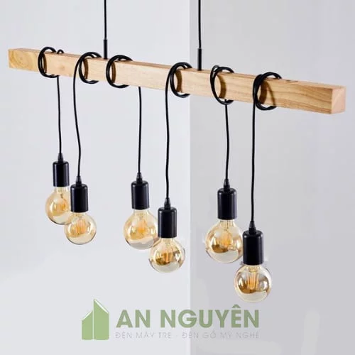 Đèn Gỗ: Mẫu đèn 6 đây thả trần quấn khúc gỗ vuông trang trí quán cafe