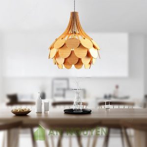 Đèn Gỗ: Mẫu đèn gỗ hình bó hoa lá tròn, lá lục giác trang trí bàn ăn