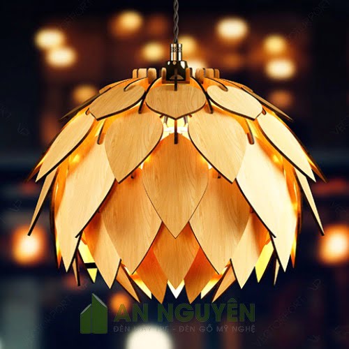 Đèn gỗ quả thông nhỏ cánh nhọn, cánh lục giác thả trần cho quán cà phê