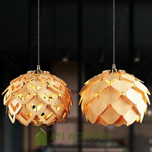 Đèn gỗ quả thông nhỏ cánh nhọn, cánh lục giác thả trần cho quán cà phê