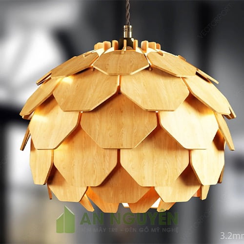 Đèn gỗ quả thông nhỏ cánh nhọn, cánh lục giác thả trần cho quán cà phê
