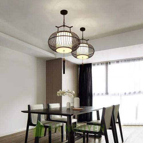 Đèn Vải: Mẫu đèn sắt cầu dẹt lồng vải trang trí nhà hàng truyền thống