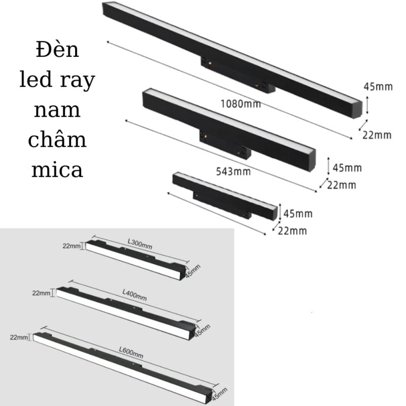 Kích thước đèn led ray nam châm mica âm trần