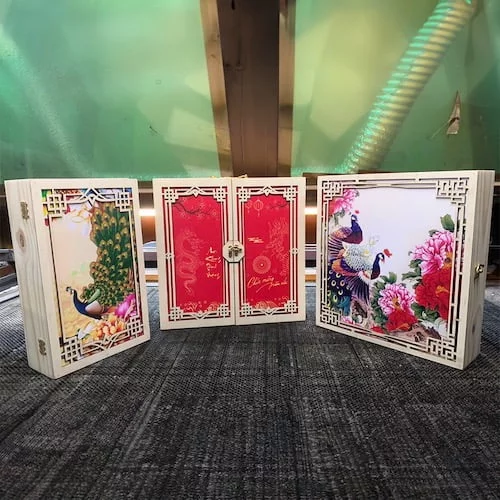 Hộp quà Tết bằng gỗ kiểu giỏ xách 2 cửa - Hàng Gia Công