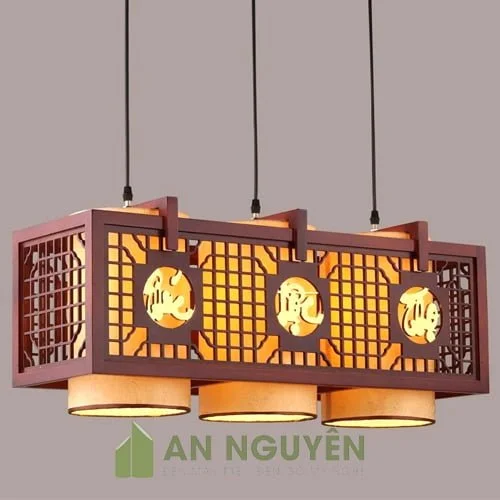Đèn Gỗ: Mẫu đèn gỗ chùm thả trần 3 lồng vải trang trí bàn thờ tự trang nghiêm