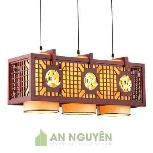 Đèn Gỗ: Mẫu đèn gỗ chùm thả trần 3 lồng vải trang trí bàn thờ tự trang nghiêm