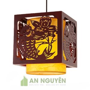 Đèn Gỗ: Mẫu đèn gỗ vuông lồng vải thả trần trang trí bàn thờ