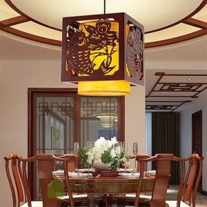 Đèn Gỗ Mẫu đèn gỗ thả trần hình tròn có lồng vải trang trí nhà gỗ