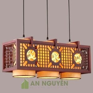 Đèn Gỗ: Mẫu đèn gỗ chùm thả trần 3 lồng vải trang trí bàn thờ tự trang nghiêm