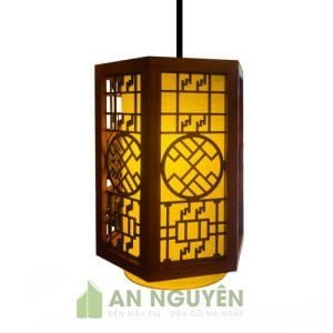 Đèn Gỗ: Mẫu đèn gỗ lục giác thả trần có lồng vải trang trí nhà hàng chay TPHCM