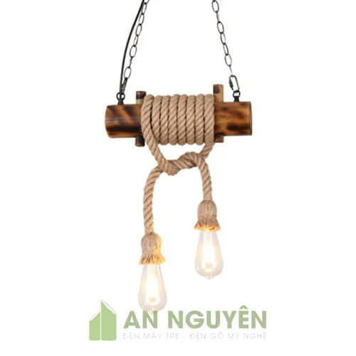 Mẫu đèn cây tre ngắn quấn thừng 2 bóng trang trí shop thời trang
