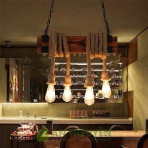 Đèn Gỗ: Mẫu đèn hộp gỗ thả trần quấn 4 dây thừng decor quán cafe