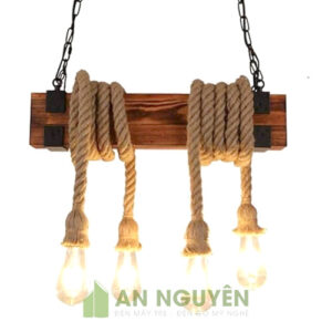 Đèn Gỗ: Mẫu đèn hộp gỗ thả trần quấn 4 dây thừng decor quán cafe
