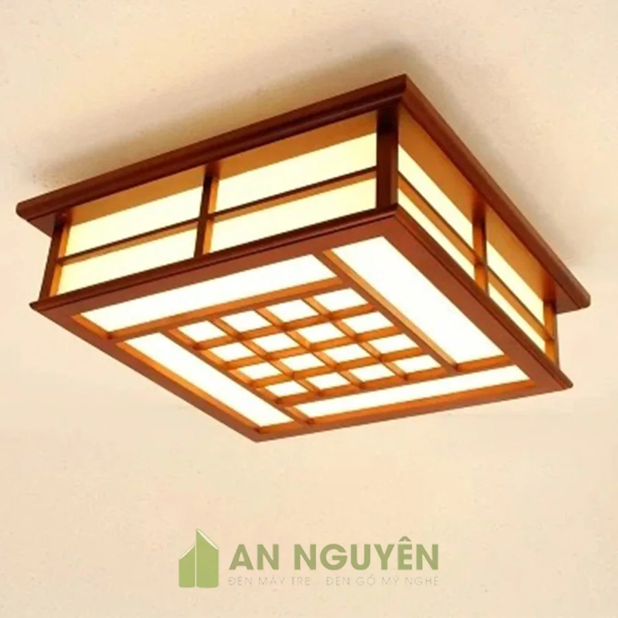Đèn Gỗ: Mẫu đèn gỗ ốp trần nhiều hoạ tiết ô vuông trang trí phòng khách, nhà gỗ