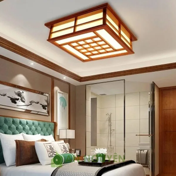Đèn Gỗ: Mẫu đèn gỗ ốp trần nhiều hoạ tiết ô vuông trang trí phòng khách, nhà gỗ