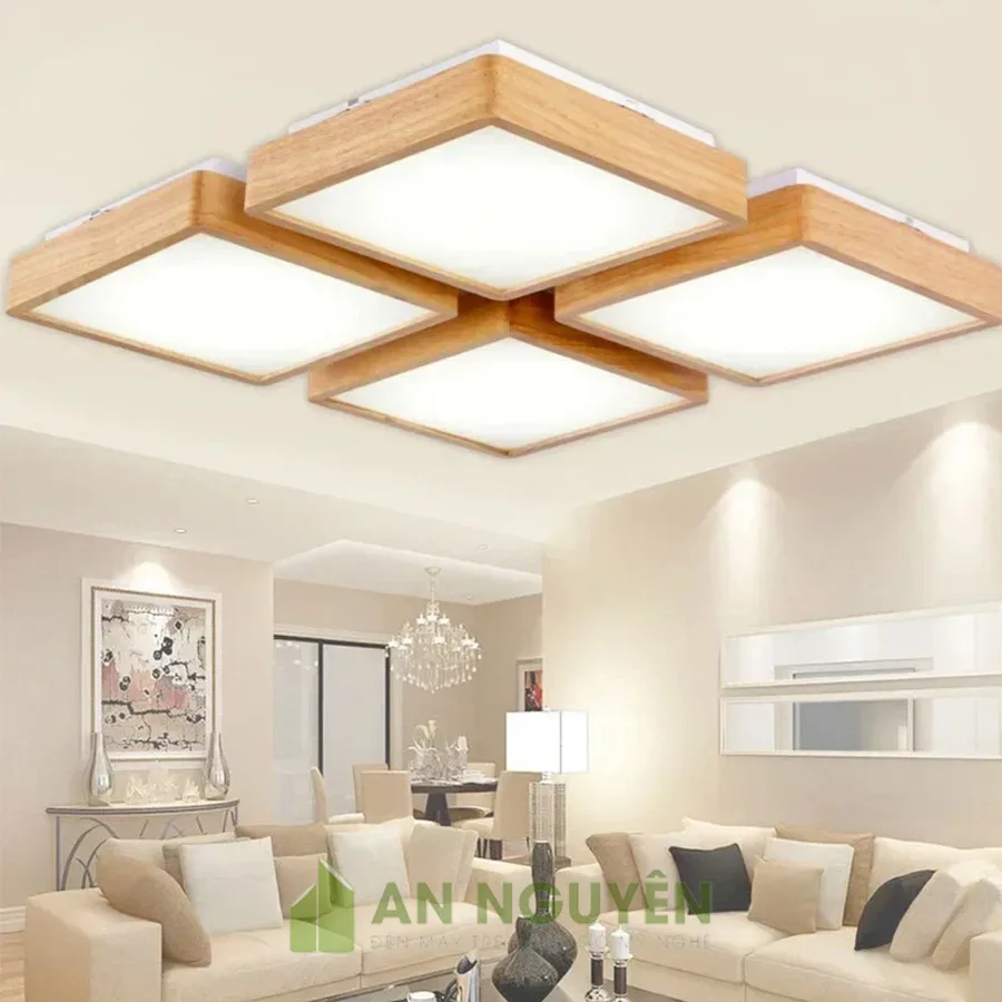 Đèn Gỗ: Mẫu đèn gỗ ốp trần 4 hình vuông trang trí phòng khách
