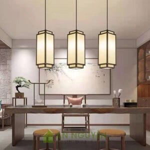 Đèn Gỗ: Mẫu đèn gỗ hộp chữ nhật đứng thon gọn thả trần trang trí bàn bar, bàn đảo bếp