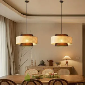 Đèn Vải: Mẫu đèn vải hai trụ tròn bên trong làm vải bên ngoài mây mắt cáo trang trí phòng ngủ